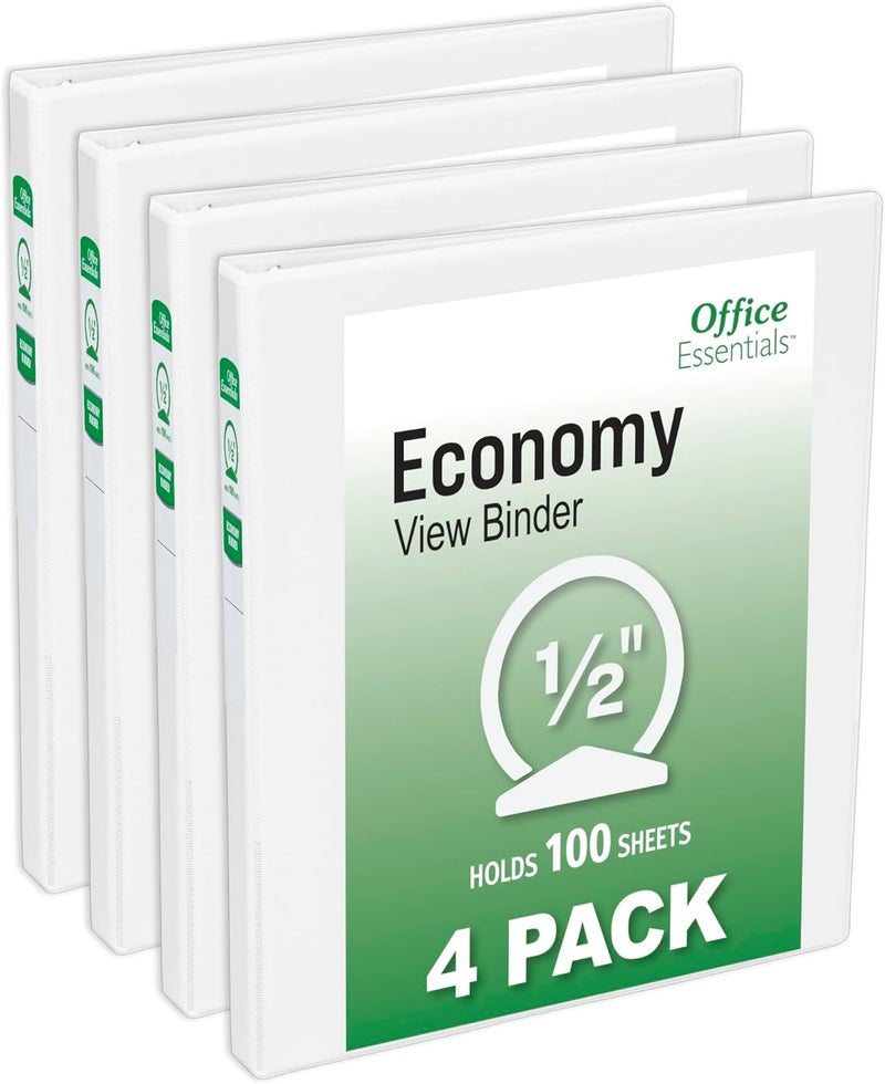 Office Essentials Economy View 3 Ring Binders, 0.5" Round Rings, 0.7" Spine, 100-Sheet Capacity, White Binders, Ideal for Occasional Use and Light Referencing (4-Pack of 03124) - Image 1